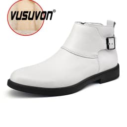 Fashion Men Boots Cow Leather & Fur Plush Winter Warm Black Casual Shoes Party Street Boys Big Size 37-48