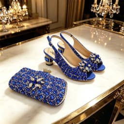Women's Royal Blue Rhinestone Slingback Heels with Matching Clutch Bag Set Low Heel 3CM for Wedding Bridesmaid Evening Party