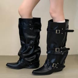 Eilyken New Design Narrow Band Buckle Strap Splicing Women Knee-High Boots Autumn Winter Pointed Toe Low Heels Shoes