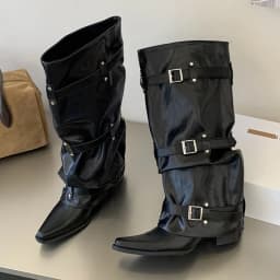 Eilyken New Design Narrow Band Buckle Strap Splicing Women Knee-High Boots Autumn Winter Pointed Toe Low Heels Shoes