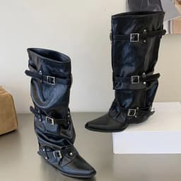 Eilyken New Design Narrow Band Buckle Strap Splicing Women Knee-High Boots Autumn Winter Pointed Toe Low Heels Shoes