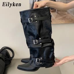 Eilyken New Design Narrow Band Buckle Strap Splicing Women Knee-High Boots Autumn Winter Pointed Toe Low Heels Shoes