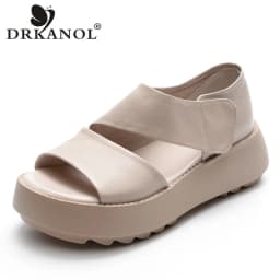 DRKANOL Women Platform Sandals 2026 Summer Wedges Heel Open Toe Shoes 100% Genuine Leather Casual Sandals Female Handmade Retro