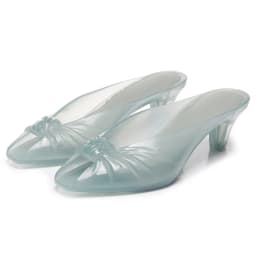 Summer Women Smoky Gray Jelly Mules Knotted Front Peep Toe Transparent Clear Mid Heel Slip On Slides Casual Beach Party Sandals