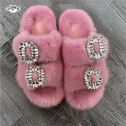 2025 New Women Fur Slippers Shoes Women Warm Winter Crystal Fur Shoes For Women Slippers Casual Plush Comfortable Mink Slippers