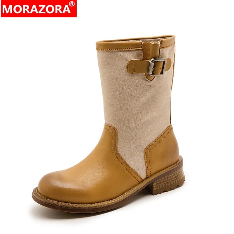 MORAZORA 2027 New Split Leather Mid Calf Western Boots British Style Retro Buckle Canvas Short Booties Square Mid Heels Shoes