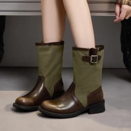 MORAZORA 2027 New Split Leather Mid Calf Western Boots British Style Retro Buckle Canvas Short Booties Square Mid Heels Shoes