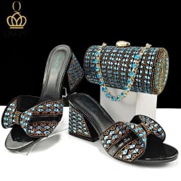 QSGFC Italian Fashion Banquet Shoes and Bags African Women's Hand Bags with Rhinestone Decoration and Women's High Heels