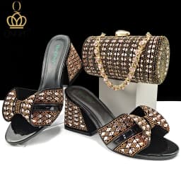 QSGFC Italian Fashion Banquet Shoes and Bags African Women's Hand Bags with Rhinestone Decoration and Women's High Heels