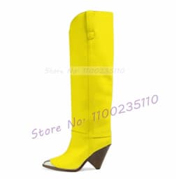 Silver Metal Toe Tan Knee-High Boots Women Fashion Pointed Toe Cone Heel Catwalk Shoes Ladies Stylish Cool Girls Slanted Boots