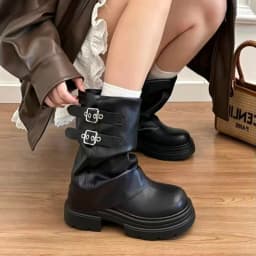 CNEYEIBN Women Double Buckle Mid Calf Boots Pu Leather Platform Block Heel Round Toe Shoes Casual Autumn Mordern Boots