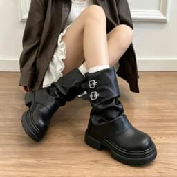 CNEYEIBN Women Double Buckle Mid Calf Boots Pu Leather Platform Block Heel Round Toe Shoes Casual Autumn Mordern Boots