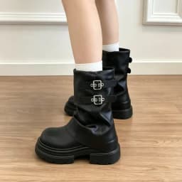 CNEYEIBN Women Double Buckle Mid Calf Boots Pu Leather Platform Block Heel Round Toe Shoes Casual Autumn Mordern Boots