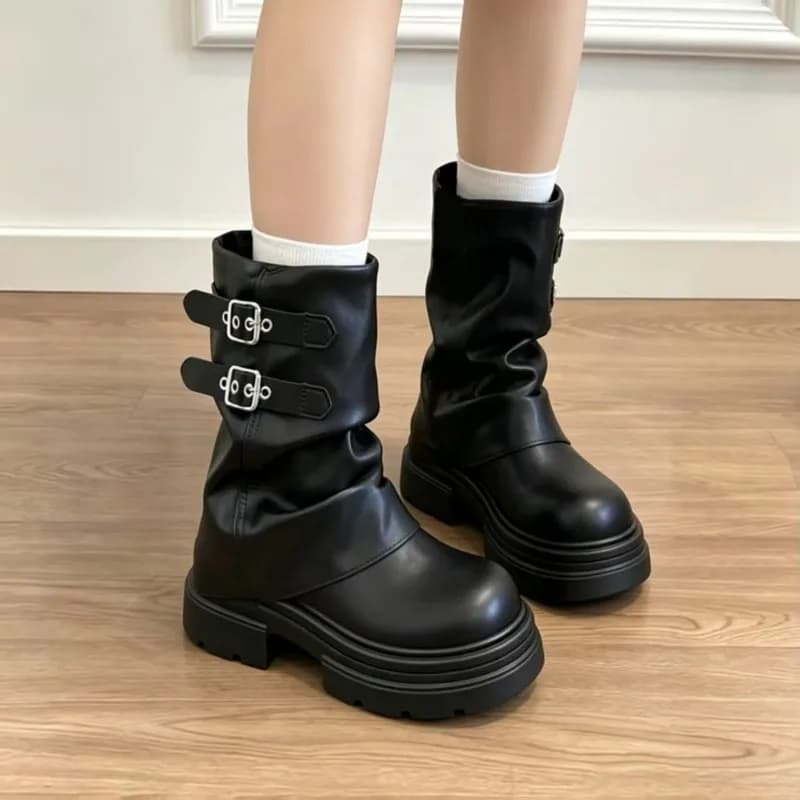 CNEYEIBN Women Double Buckle Mid Calf Boots Pu Leather Platform Block Heel Round Toe Shoes Casual Autumn Mordern Boots