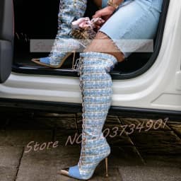 Pink Gingham Over The Knee Boots Women Gold Pointed Toe Cutout Lace-up Stiletto Heels Boots Ladies Sexy Fashion Party Punk Shoes