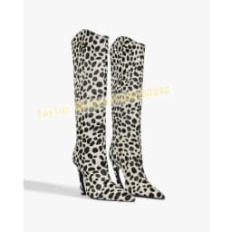 Women Pointed Toe Knee High Boots Special Cutout Heel Dalmatian Spot Print Faux Cowhide Side Zipper Western High Heel Tall Boots