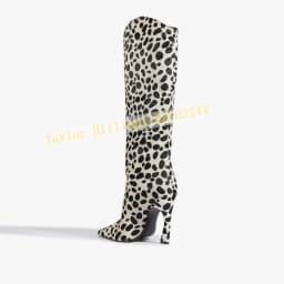 Women Pointed Toe Knee High Boots Special Cutout Heel Dalmatian Spot Print Faux Cowhide Side Zipper Western High Heel Tall Boots