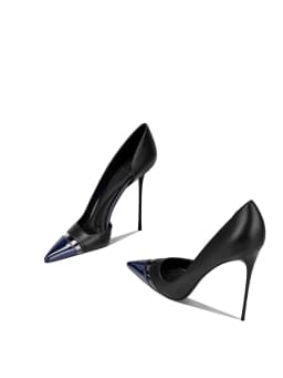 New Navy Blue Pointed Splicing Side Empty Slim Heel High Heels for Women with a Niche Temperament and High-End Feel