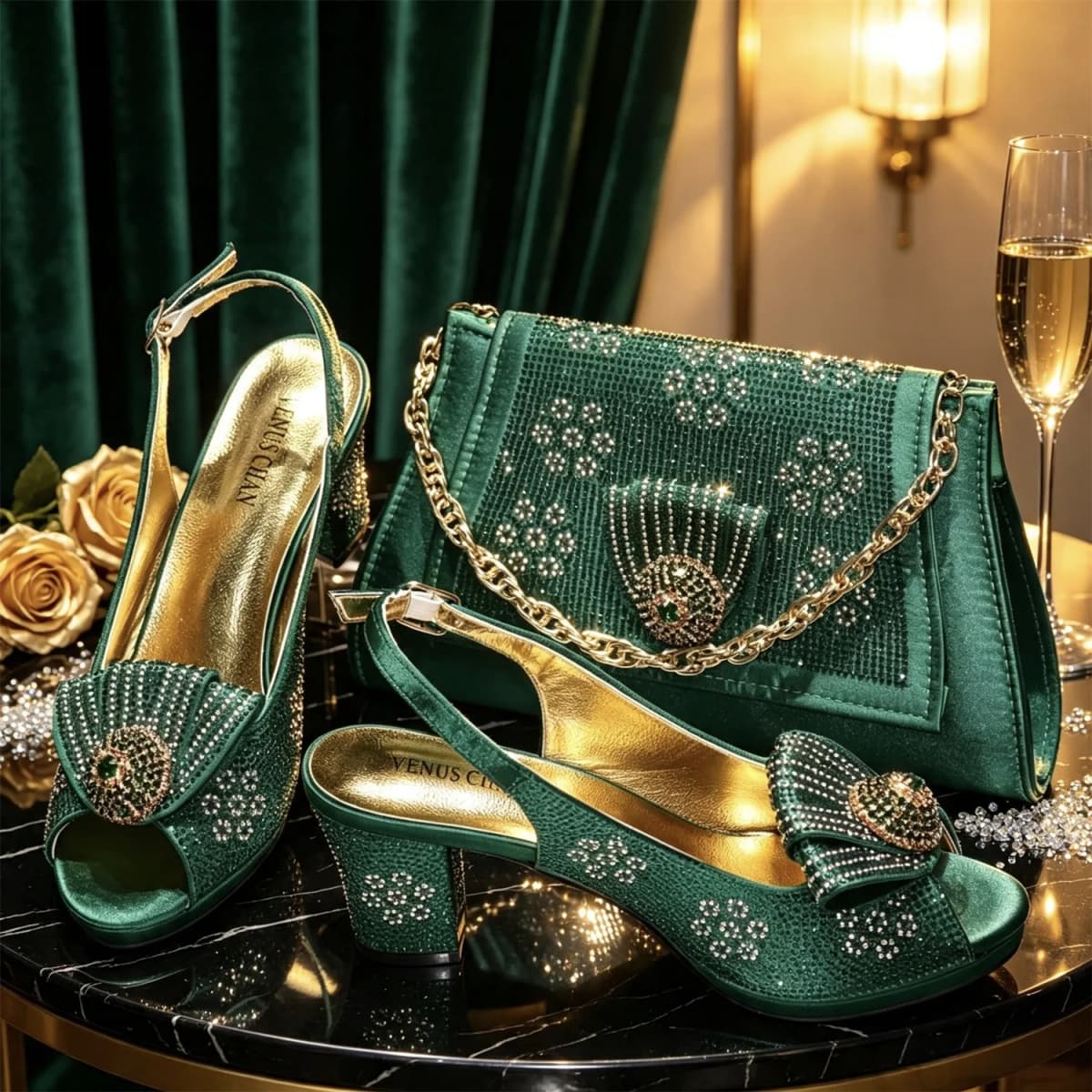 New Designer Fashion Open Toe Women Heels for 2026 Elegant Party Green Color Diamond Pumps Italian Shoes and Bags Matching Set