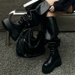 Winter Chunky Women Knee High Boots Fashion Slip On Pleated Long Booties Square Heels Party Dress Ladies Shoes
