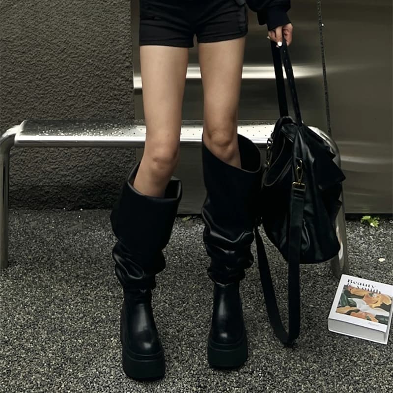 Winter Chunky Women Knee High Boots Fashion Slip On Pleated Long Booties Square Heels Party Dress Ladies Shoes