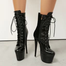 Women Black Patent Leather Ultra High Heel Platform Ankle Boots, Sexy Lace-Up Stiletto Clubwear Booties