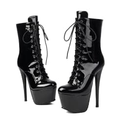Women Black Patent Leather Ultra High Heel Platform Ankle Boots, Sexy Lace-Up Stiletto Clubwear Booties