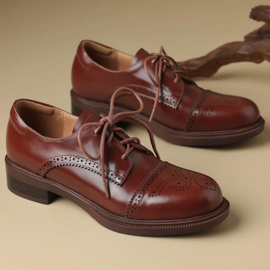 Women's cow leather carving British style lace-up flats oxfords round toe high quality soft comfortable casual female daily shoe