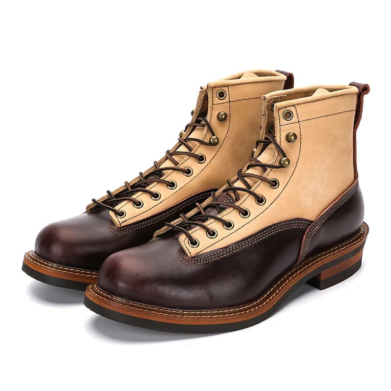 Men's Spring Color Block Combat Boots, Black High Top Two-Tone Work Boots, British Mid-Calf Military Style Lace Up
