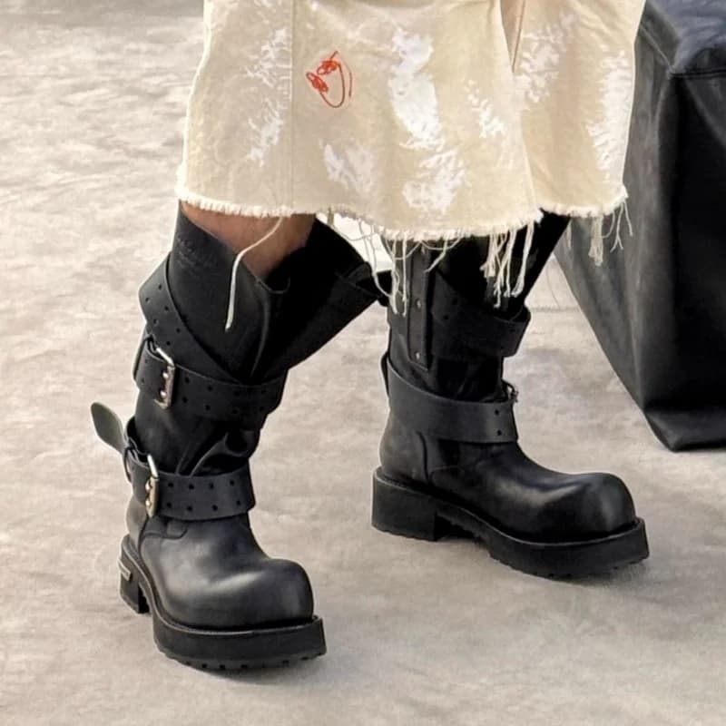 Dark Style Knight Boots for Men's and Women's Belt Buckles Upturned Motorcycle Boots Retro Long Boots Mid Tube Combat Boots