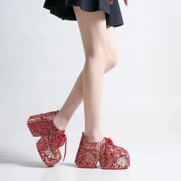 2026 New Ethnic Embroidery Single Shoes Red Ethnic Style Banquet Shoes Luxury Thick Soled Women's Height Increasing Shoes