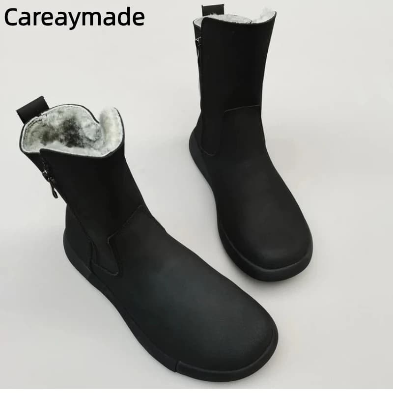 Careaymade-Genuine leather Sheep fur one-piece men's shoes wool warm anti-slip mid-calf thickened large cotton snow boots winter