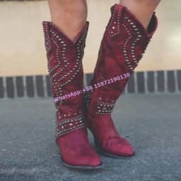 Rivet Knight Boots Cowgirls Round Toe Chunky Heels Zipper Knee High Boots Retro Cowgirls West Style Hotties Distress Boots 2025