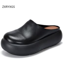 ZXRYXGS Top Cowhide Full Real Leather Slippers Wedges Thick Sole Heighten Shoes 2026 New Summer Round Toe Women Fashion Slippers