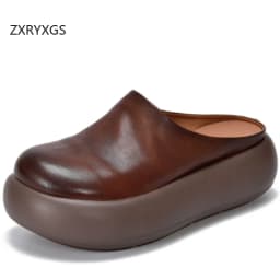 ZXRYXGS Top Cowhide Full Real Leather Slippers Wedges Thick Sole Heighten Shoes 2026 New Summer Round Toe Women Fashion Slippers
