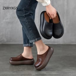 ZXRYXGS Top Cowhide Full Real Leather Slippers Wedges Thick Sole Heighten Shoes 2026 New Summer Round Toe Women Fashion Slippers