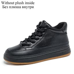 DRKANOL Fashion Women High Top Board Shoes Concise Solid Color Genuine Cow Leather Flat Shoes Autumn Winter Warm Casual Sneakers