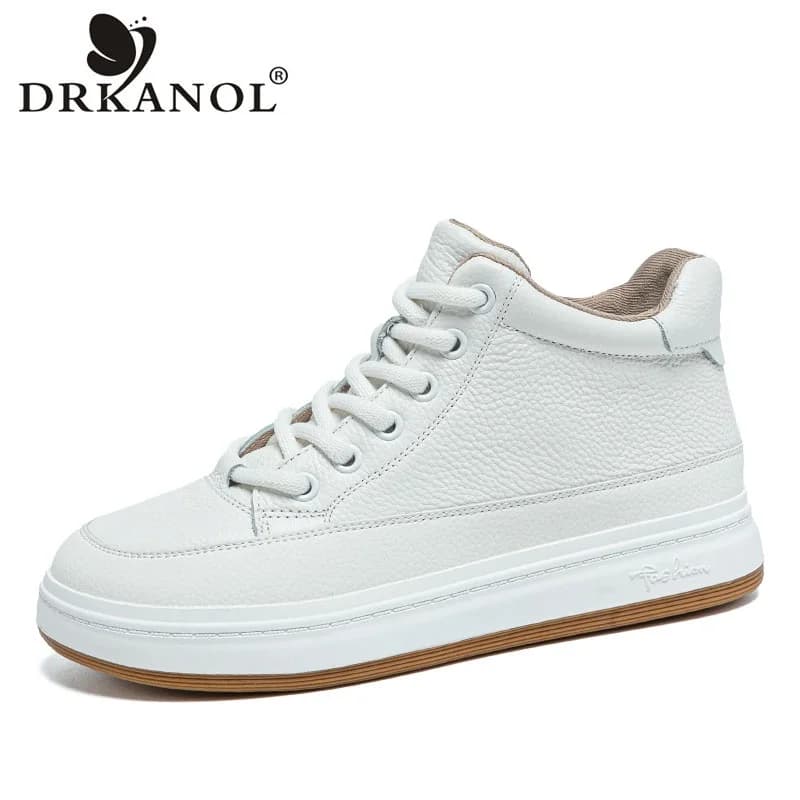 DRKANOL Fashion Women High Top Board Shoes Concise Solid Color Genuine Cow Leather Flat Shoes Autumn Winter Warm Casual Sneakers