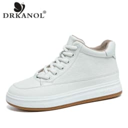DRKANOL Fashion Women High Top Board Shoes Concise Solid Color Genuine Cow Leather Flat Shoes Autumn Winter Warm Casual Sneakers