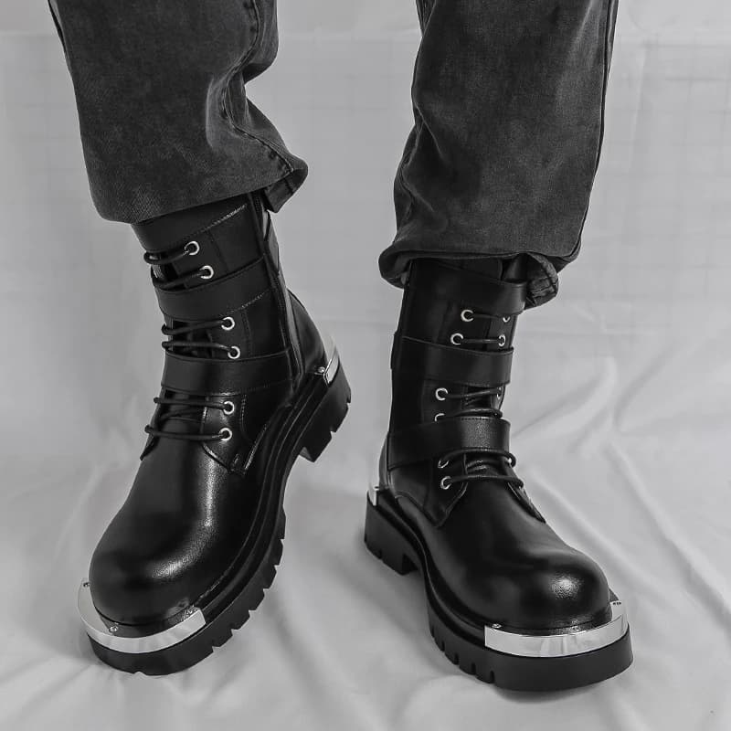 Men Chelsea Boots PU Solid Color Thick Sole Height Increasing High Top Metal Big Toe Workwear Boots