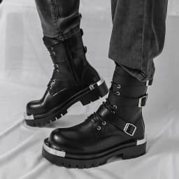 Men Chelsea Boots PU Solid Color Thick Sole Height Increasing High Top Metal Big Toe Workwear Boots