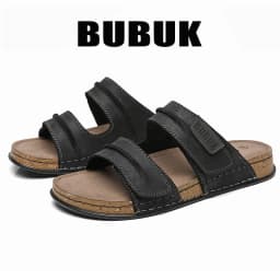 Bubuk Men's First-Layer Cowhide Slip-On Sandals with Double Velcro Straps, Vintage Distressed Leather Surface, Breathable and Non-Abrasive, Suitable for Both Outdoor and Home Use