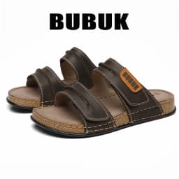 Bubuk Men's First-Layer Cowhide Slip-On Sandals with Double Velcro Straps, Vintage Distressed Leather Surface, Breathable and Non-Abrasive, Suitable for Both Outdoor and Home Use