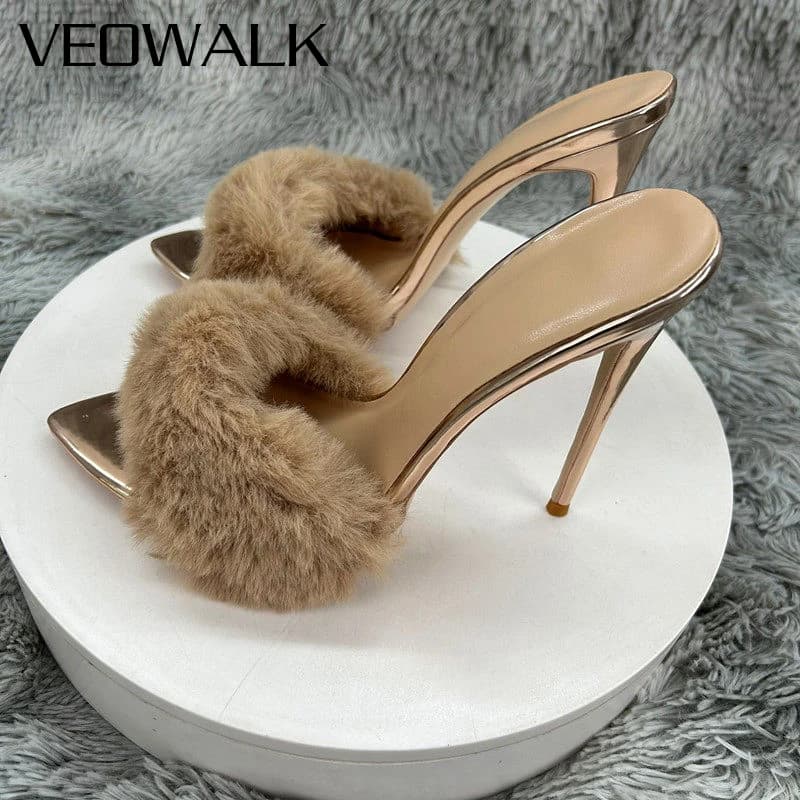 2026 Newly 12cm 10cm 8cm Gold Black Furry Flufft Woman Sexy Pointed Toe Slipper Ladies High Heel Sandal for Party Evening Events