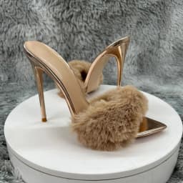 2026 Newly 12cm 10cm 8cm Gold Black Furry Flufft Woman Sexy Pointed Toe Slipper Ladies High Heel Sandal for Party Evening Events