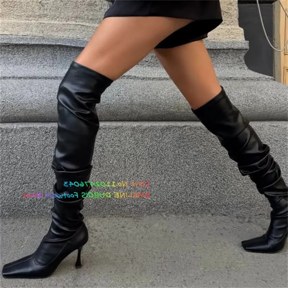 Black Pu Leather Over The Knee Boot Women Sexy Square Toe Elastic Tube Slip On High Heel Runway Style Trendy Winter Long Boot