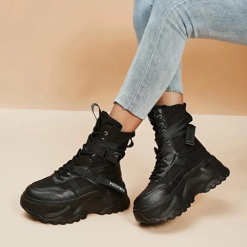 Chunky Platform Black Motorcycle Boots Thick Bottom Lace Up Vulcanized Shoes Woman Autumn Winter 2026 Ankle Botas De Mujer 2022