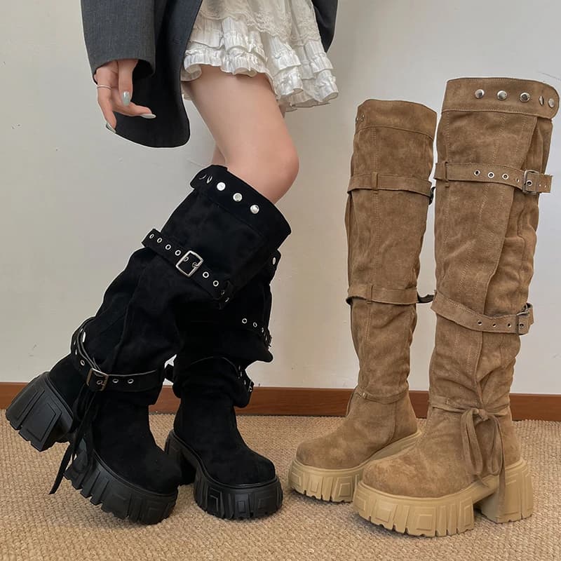 2026 New Niche Belt Buckle Large Tube Circumference Stacked Over The Knee Thick Sole Increasing Fashion Boots