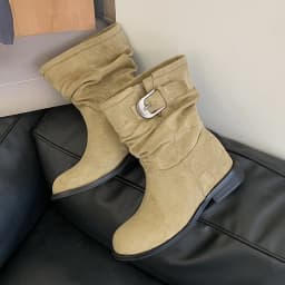 Eilyken Retro Pleated Women's Ankle Boots Belt Buckle Short Boots Round Toe Low Heels Designer Elegant Casual Ladies Booties