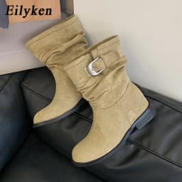 Eilyken Retro Pleated Women's Ankle Boots Belt Buckle Short Boots Round Toe Low Heels Designer Elegant Casual Ladies Booties